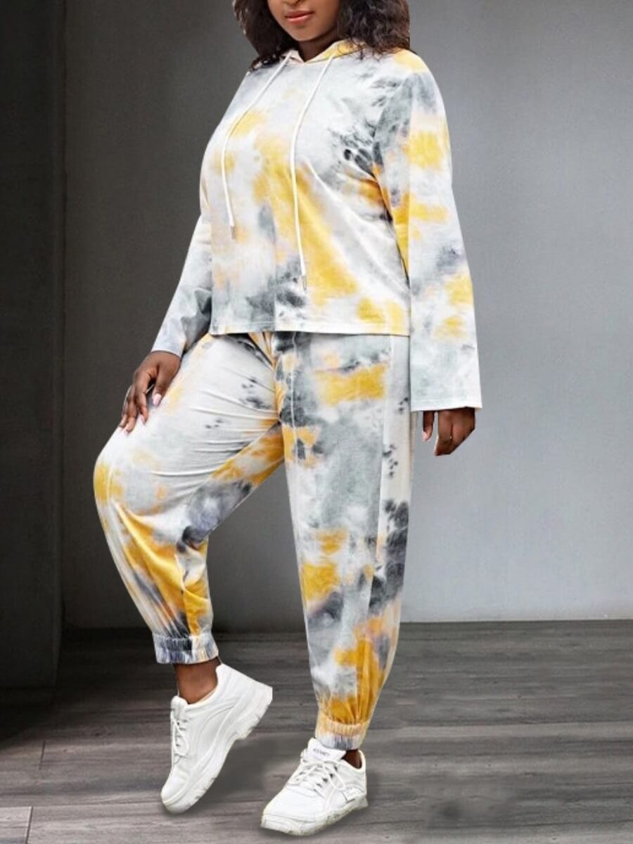 

Lovely Casual Hooded Collar Tie-dye White Plus Size Two-piece Pants Set
