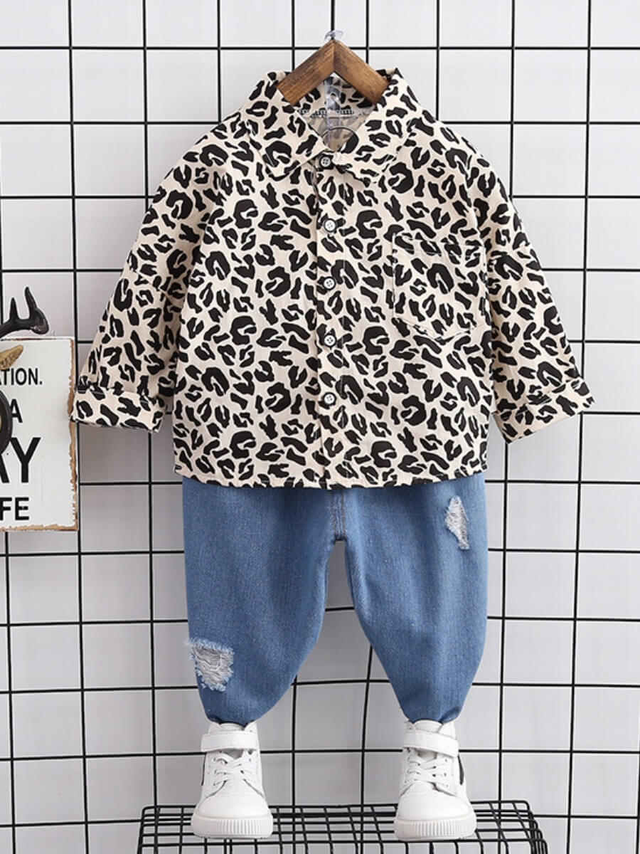 

Lovely Casual Leopard Print Patchwork Broken Holes Boy Two Piece Pants Set