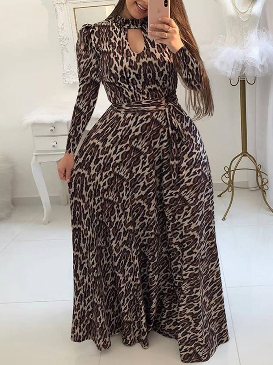 

Lovely Trendy Leopard Print Hollow-out Lace-up Floor Length A Line Dress