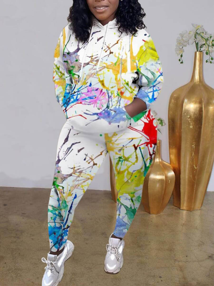 

Lovely Street Graffiti Print Kangaroo Pocket White Plus Size Two-piece Pants Set