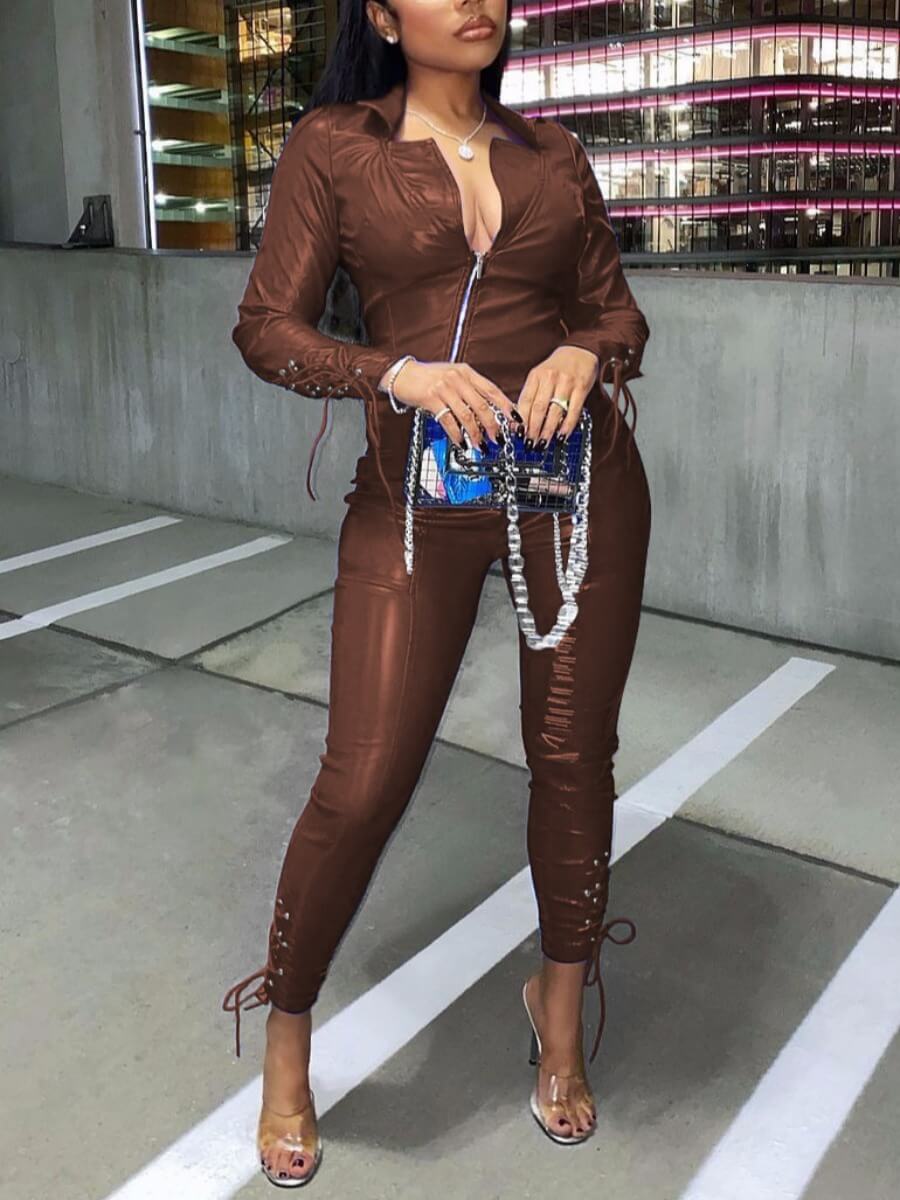 

Lovely Trendy Zipper Bandage Design Brown Two Piece Pants Set