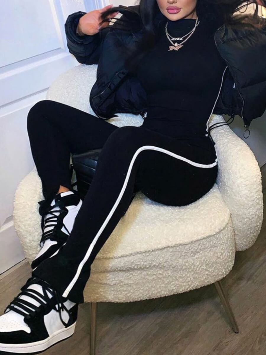 

Lovely Sportswear Turtleneck Striped Black One-piece Jumpsuit