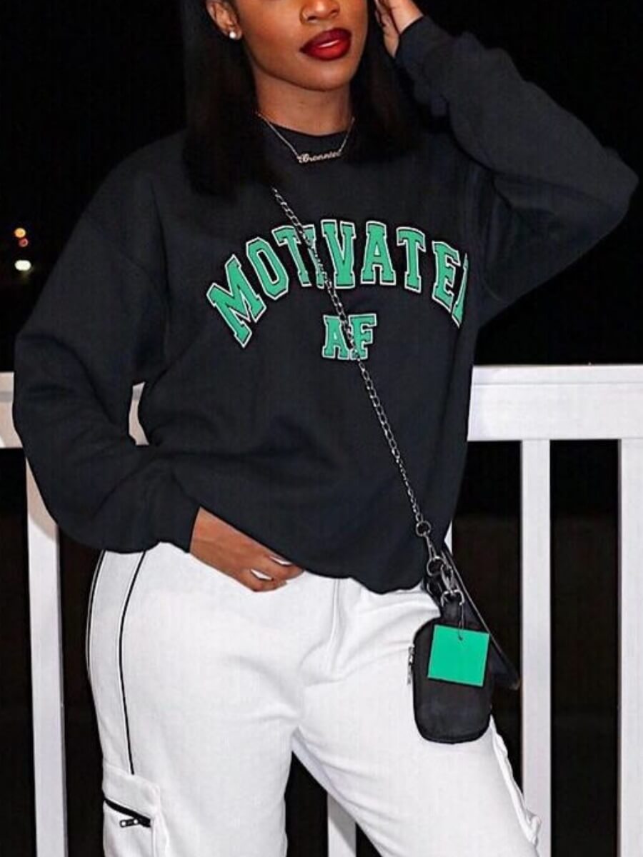 

Lovely Casual O Neck Letter Print Black Hoodie