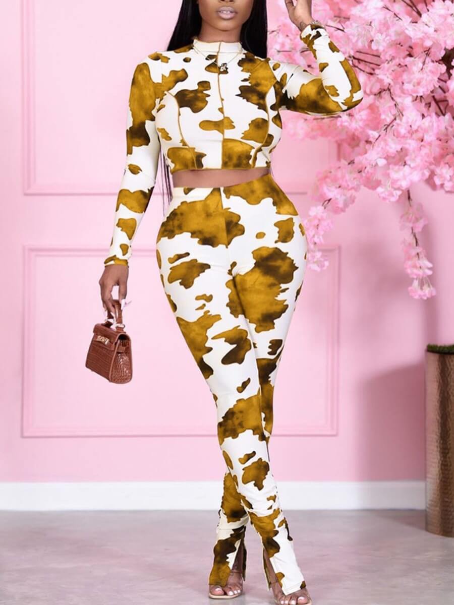 

Lovely Casual Half A Turtleneck Print Yellow Two Piece Pants Set