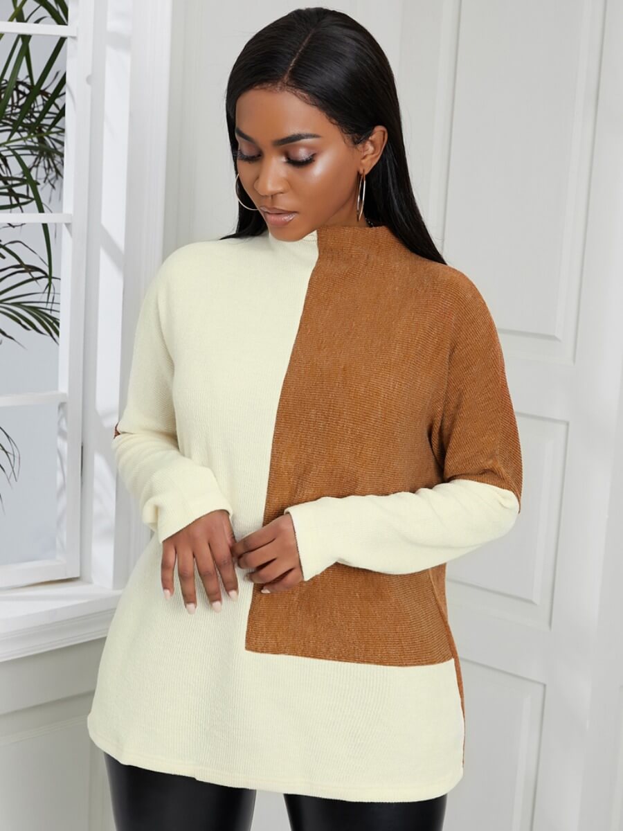 

Lovely Casual O Neck Color-lump Stitching Khaki Sweater
