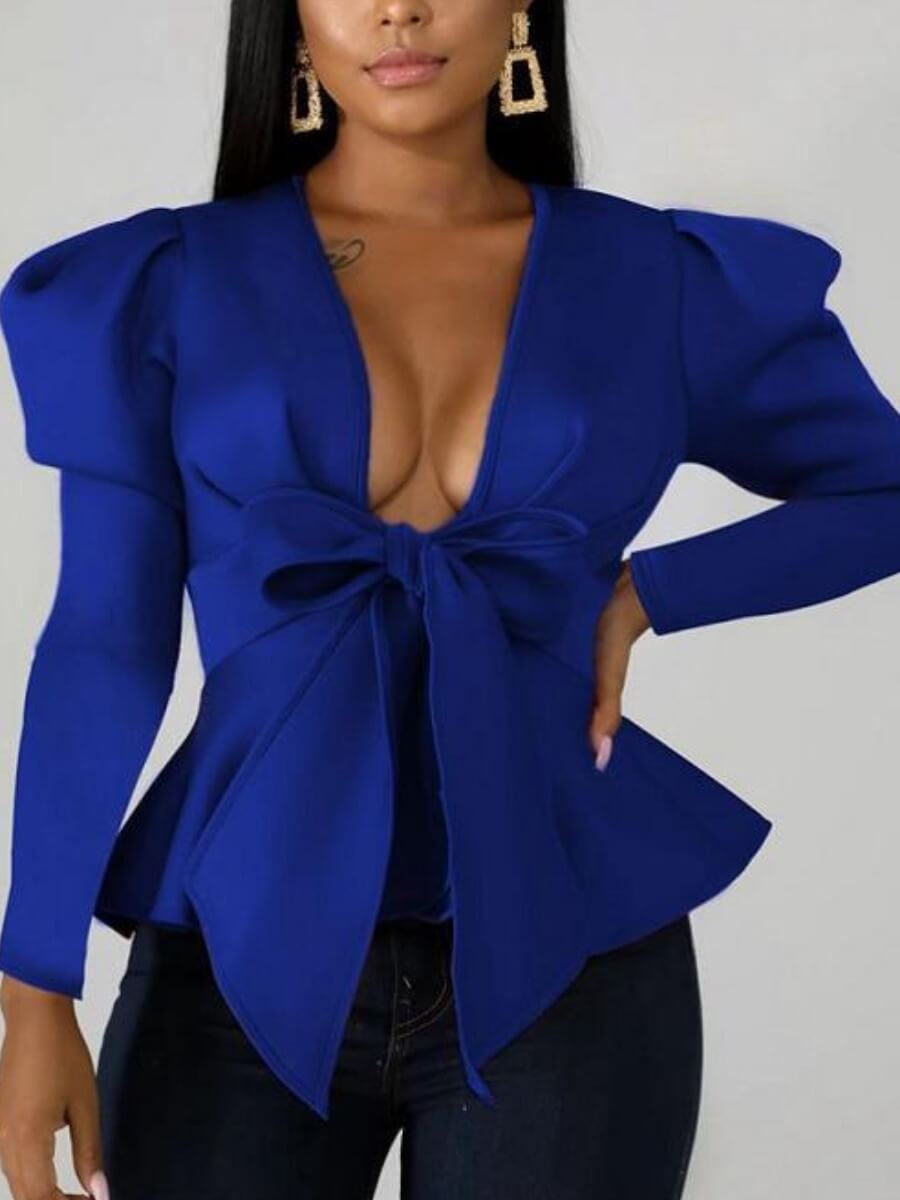

Lovely Work V Neck Long Sleeve Bow-tie Deep Blue Blouse