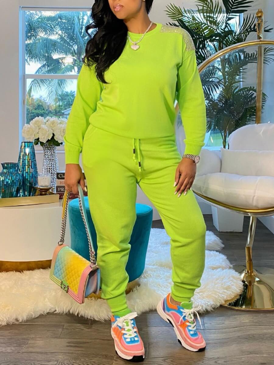 

Lovely Leisure Drawstring Sequined Patchwork Green Two Piece Pants Set