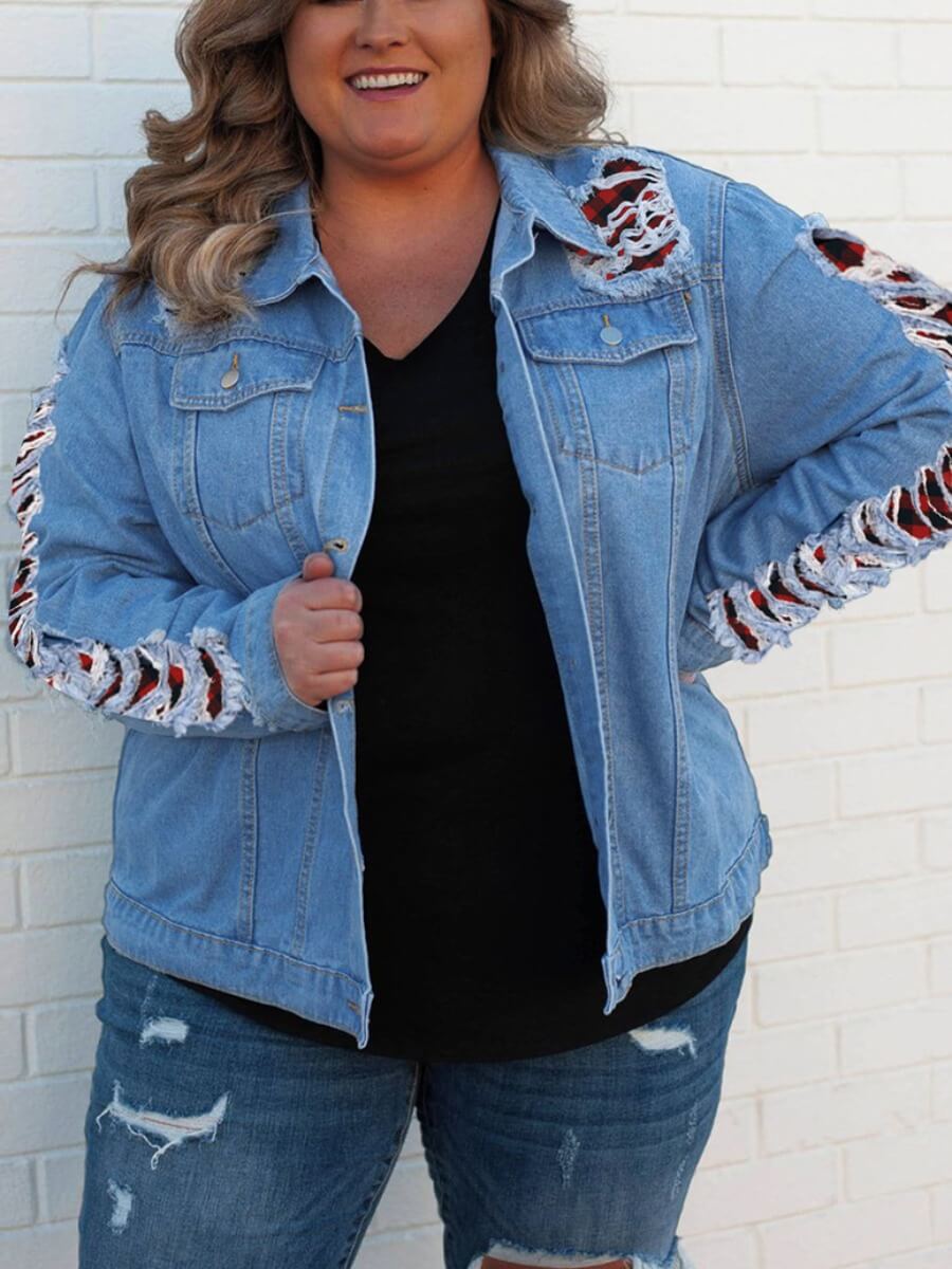 

Lovely Casual Broken Holes Patchwork Blue Plus Size Denim Jacket
