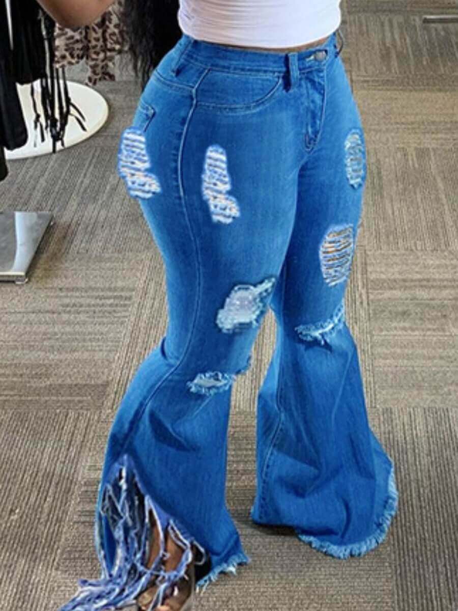 

Lovely Street Broken Holes Flared Tassel Design Baby Blue Plus Size Jeans