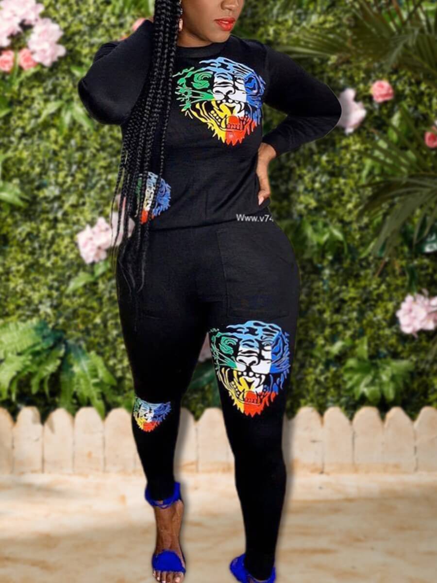 

Lovely Chic Print Patchwork Black Plus Size Two-piece Pants Set