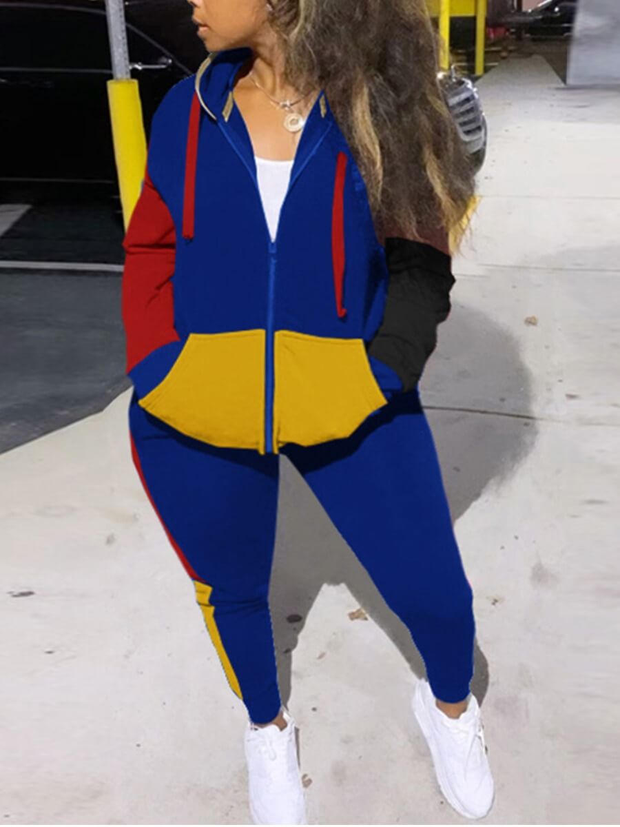 

Lovely Sportswear Hooded Collar Color-lump Stitching Deep Blue Plus Size Two-piece Pants Set