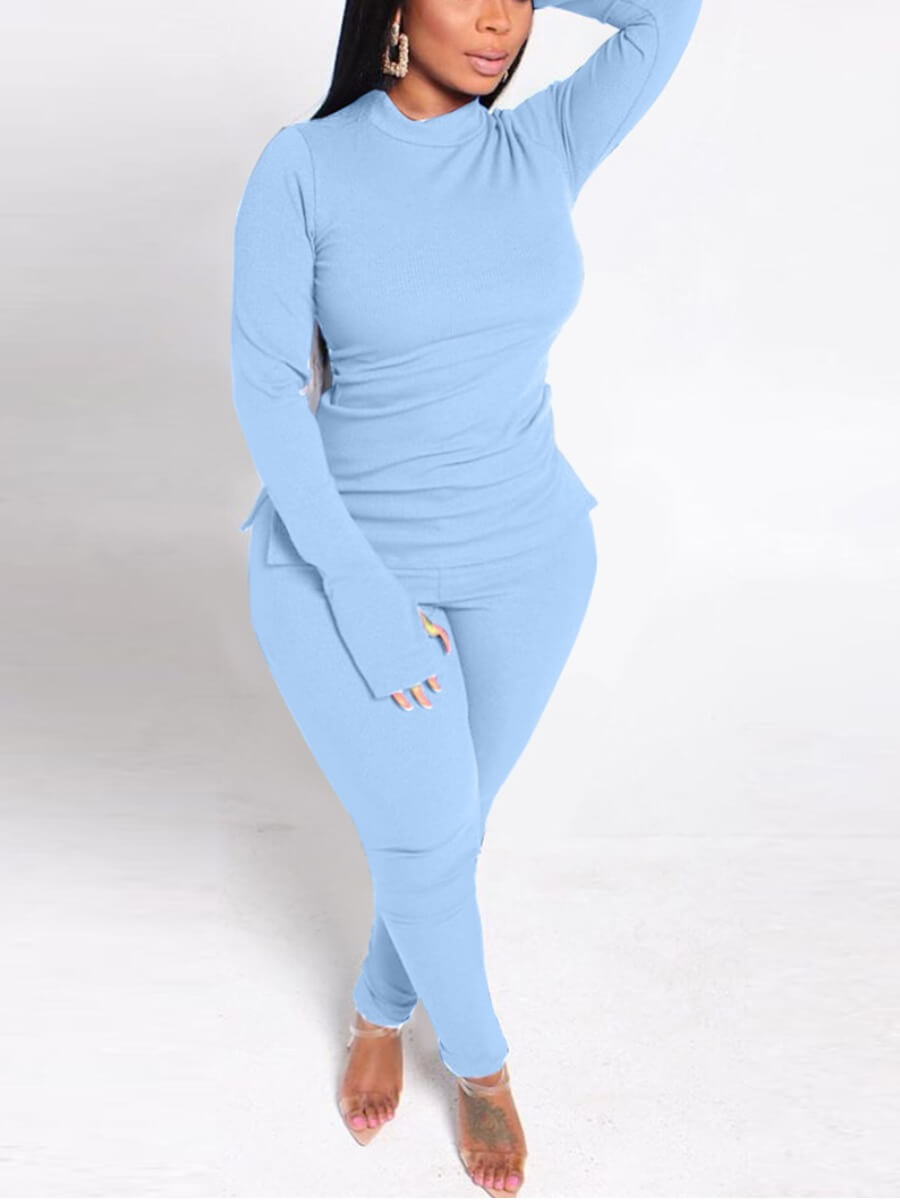 

Lovely Casual Turtleneck Skinny Baby Blue Plus Size Two-piece Pants Set