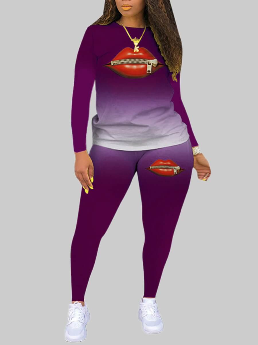 

Lovely Trendy Gradient Leopard Lip Print Purple Plus Size Two-piece Pants Set