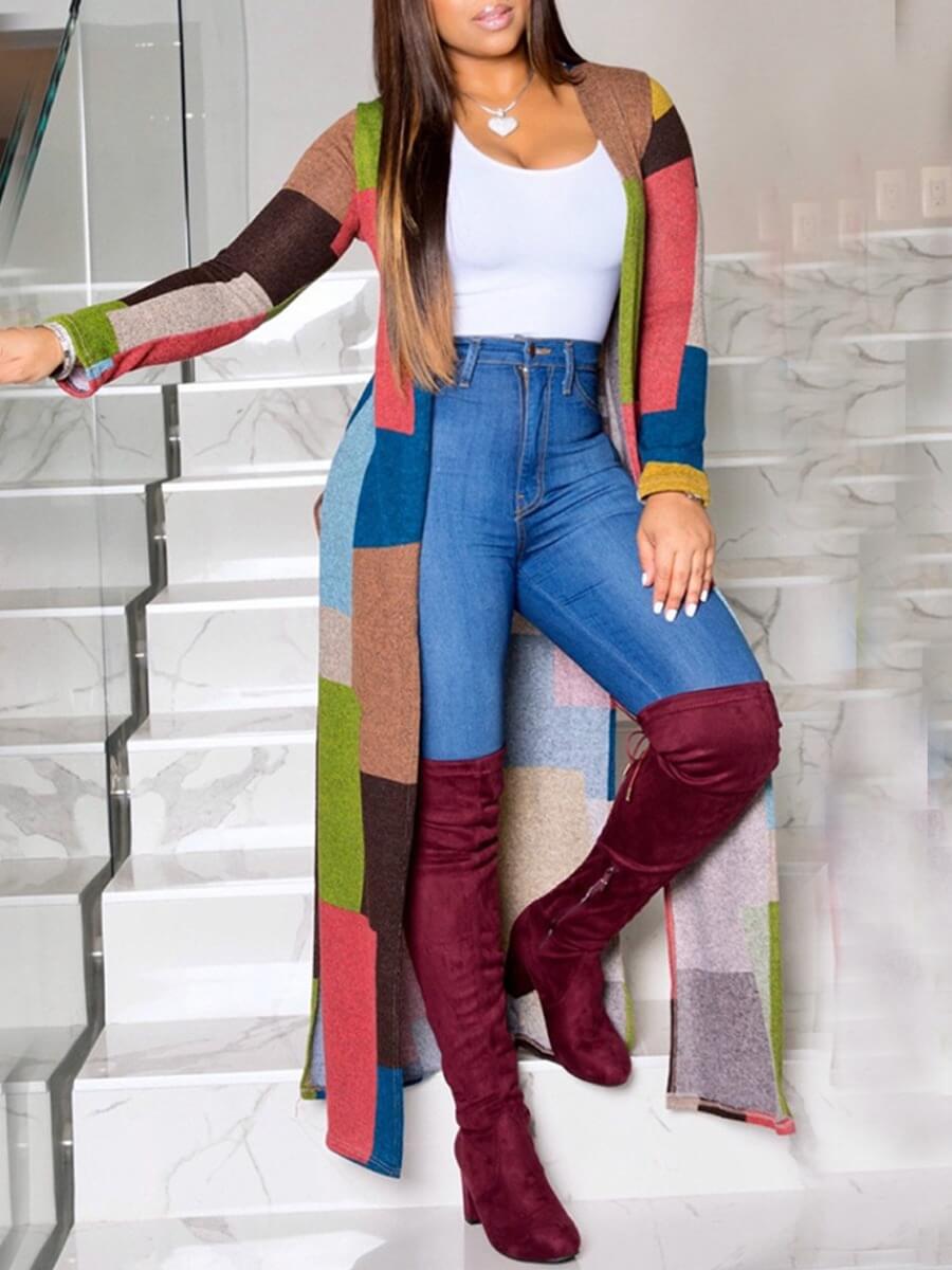 

Lovely Casual Color-lump Patchwork Multicolor Trench Coat, Multi