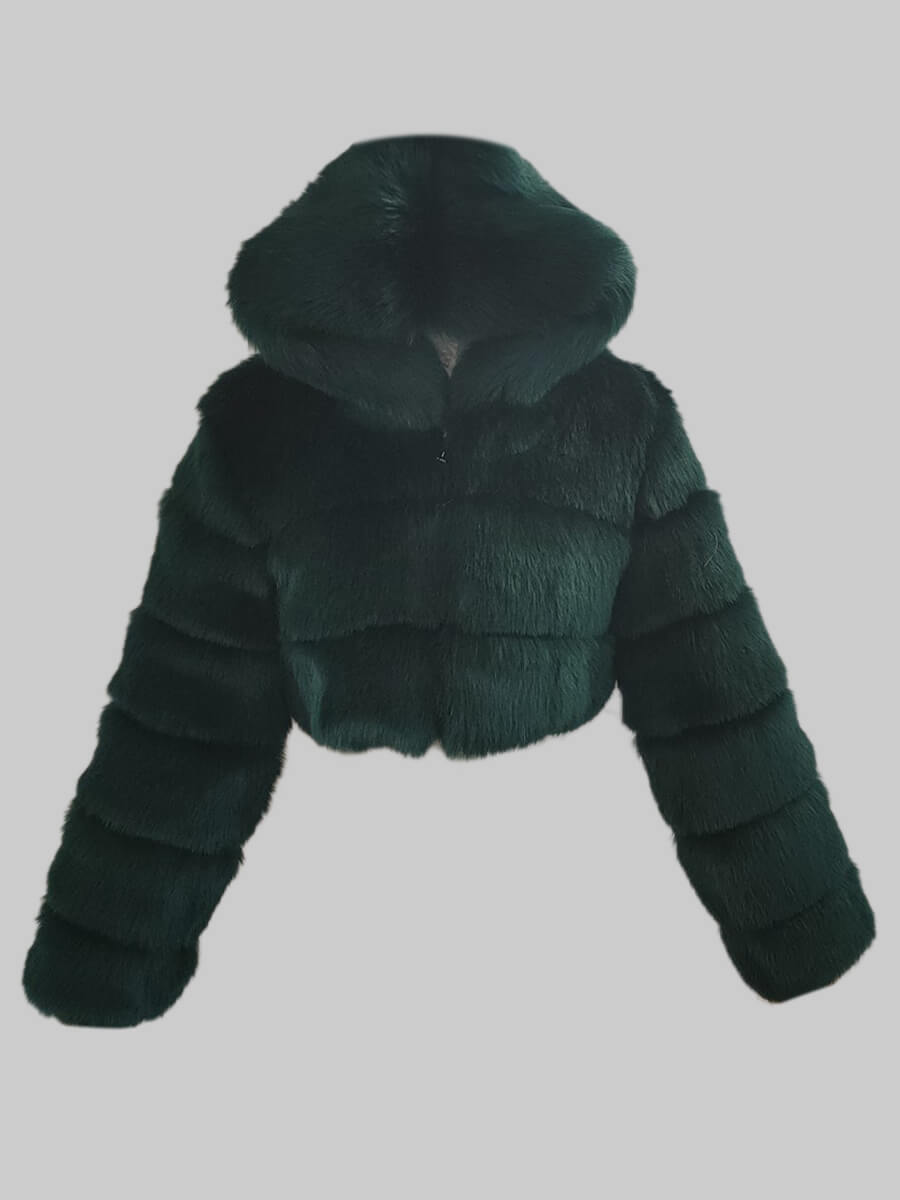 

Lovely Casual Hooded Collar Zipper Design Black Green Faux Fur