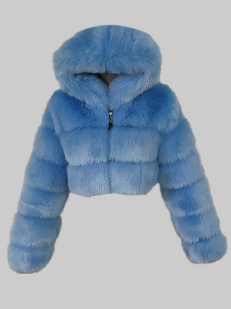 

Lovely Casual Hooded Collar Zipper Design Skyblue Faux Fur
