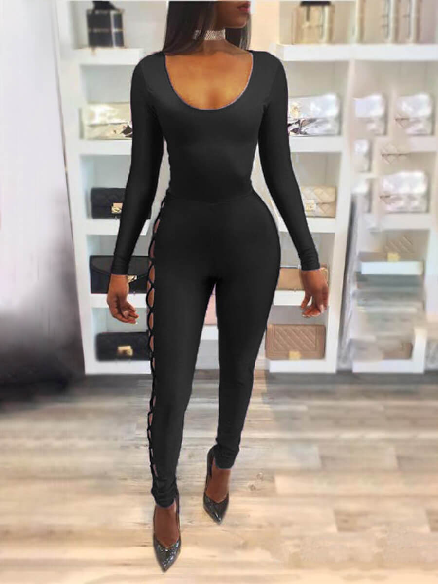 

Lovely Sexy U Neck Bandage Hollow-out Design Black One-piece Jumpsuit