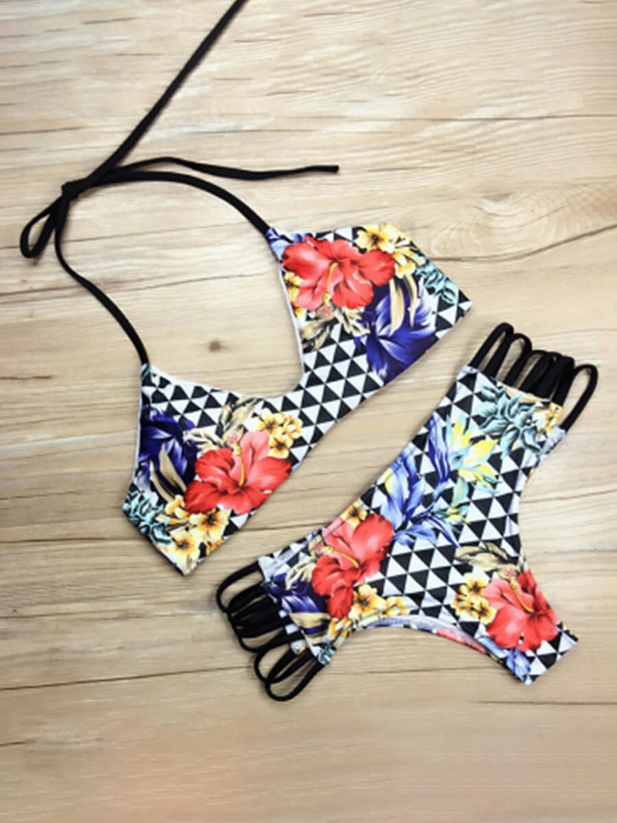 

Lovely Bohemian Print Hollow-out Red Two-piece Swimsuit