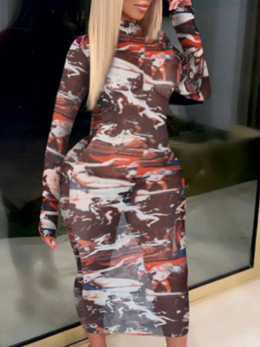 

Lovely Party See-through Camo Print Brown Ankle Length Plus Size Dress