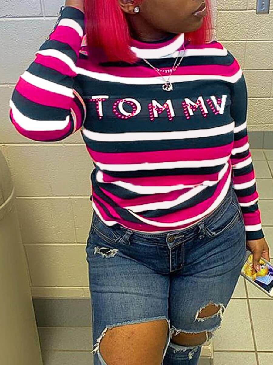 

Lovely Casual Letter Print Striped Patchwork Rose Red T-shirt