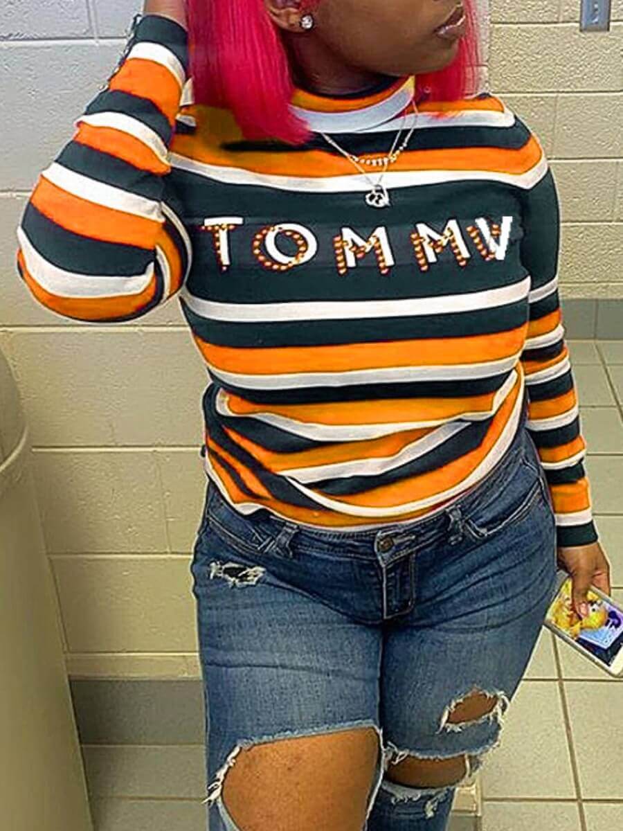

Lovely Casual Letter Print Striped Patchwork Yellow T-shirt