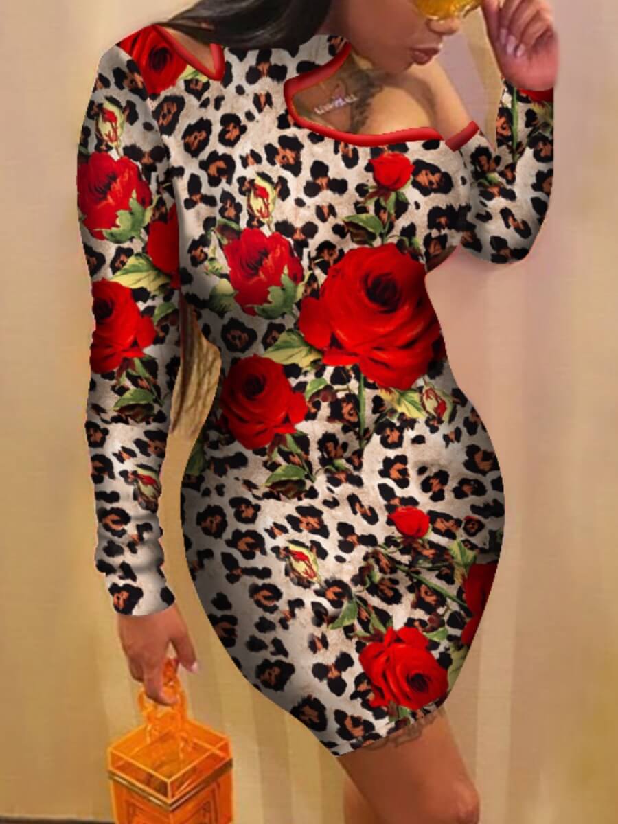 

Lovely Sweet Floral Leopard Print Patchwork Hollow-out Knee Length Dress