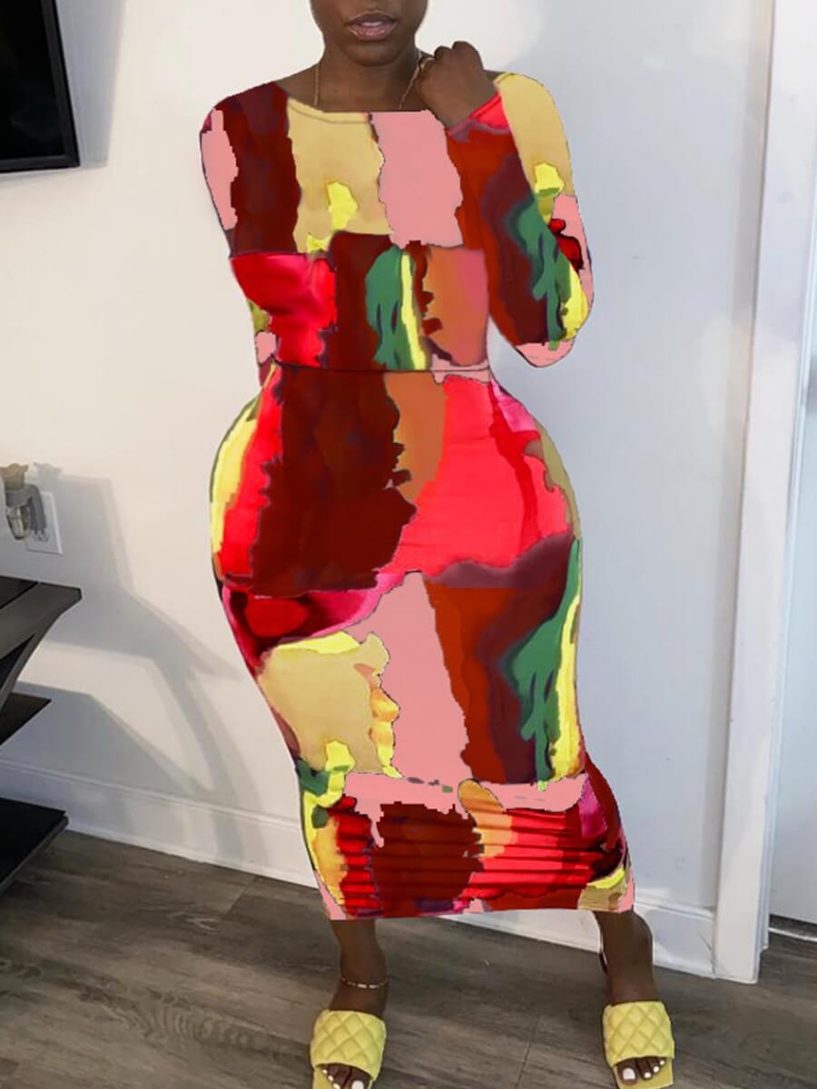 

Lovely Casual Tie-dye Patchwork Red Mid Calf Plus Size Dress
