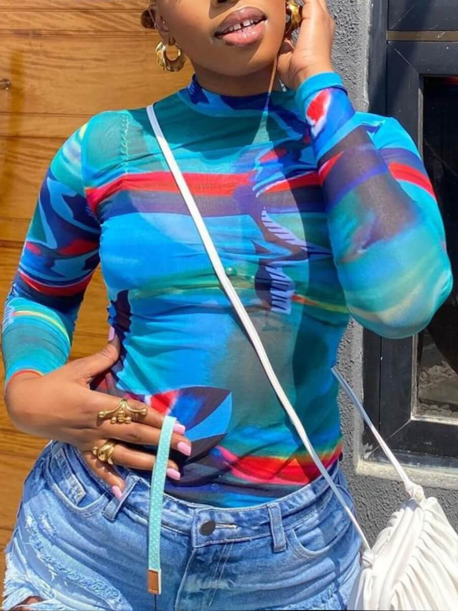 

Lovely Street Half A Turtleneck See-through Camo Print Blue Plus Size T-shirt