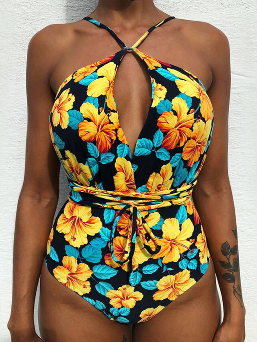 

Lovely Trendy Floral Print Bandage Hollow-out Design Yellow One-piece Swimsuit