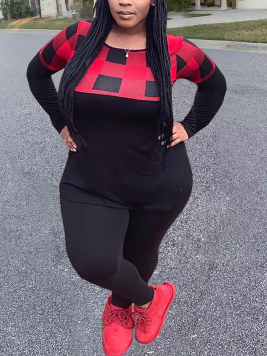 

Lovely Chic Plaid Print Patchwork Black Plus Size Two-piece Pants Set