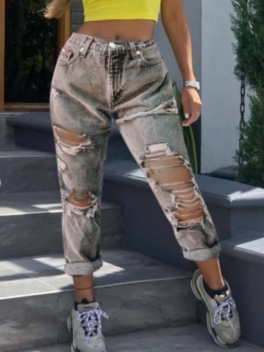 

Lovely Street High-waisted Broken Holes Grey Jeans