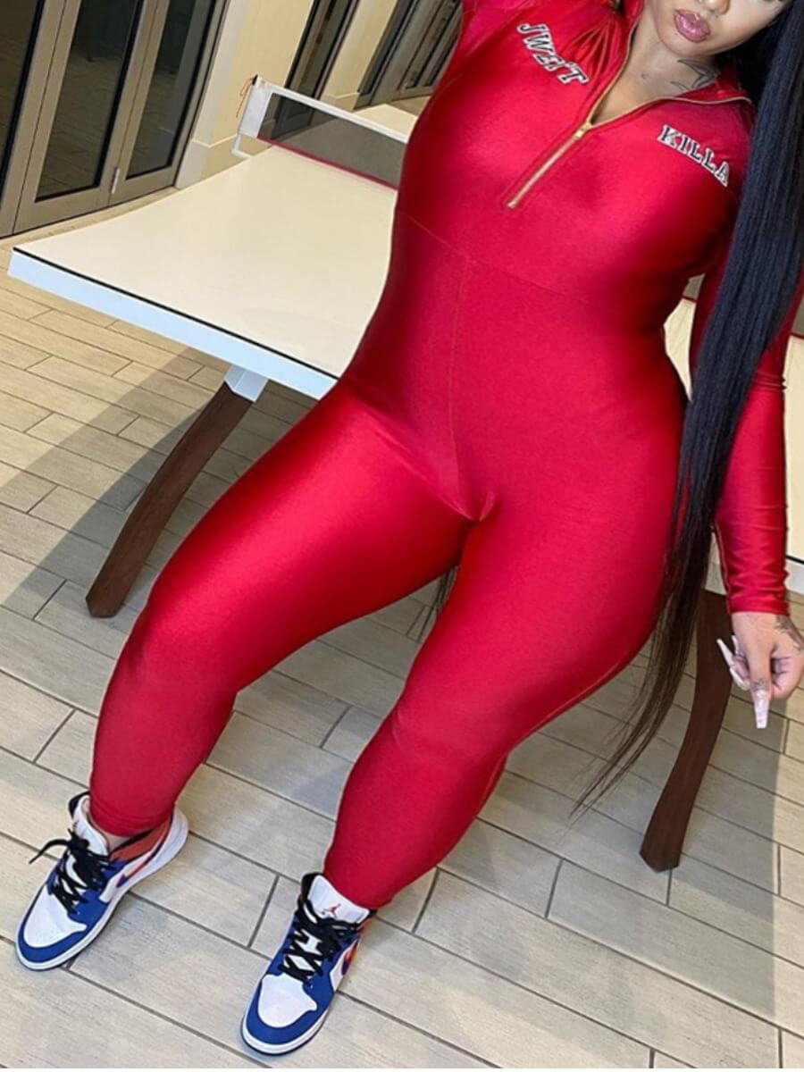 

Lovely Sportswear Letter Print Zipper Design Red Plus Size One-piece Jumpsuit