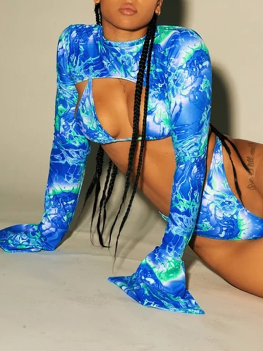 

Lovely Bohemian Print Hollow-out Blue Tankini
