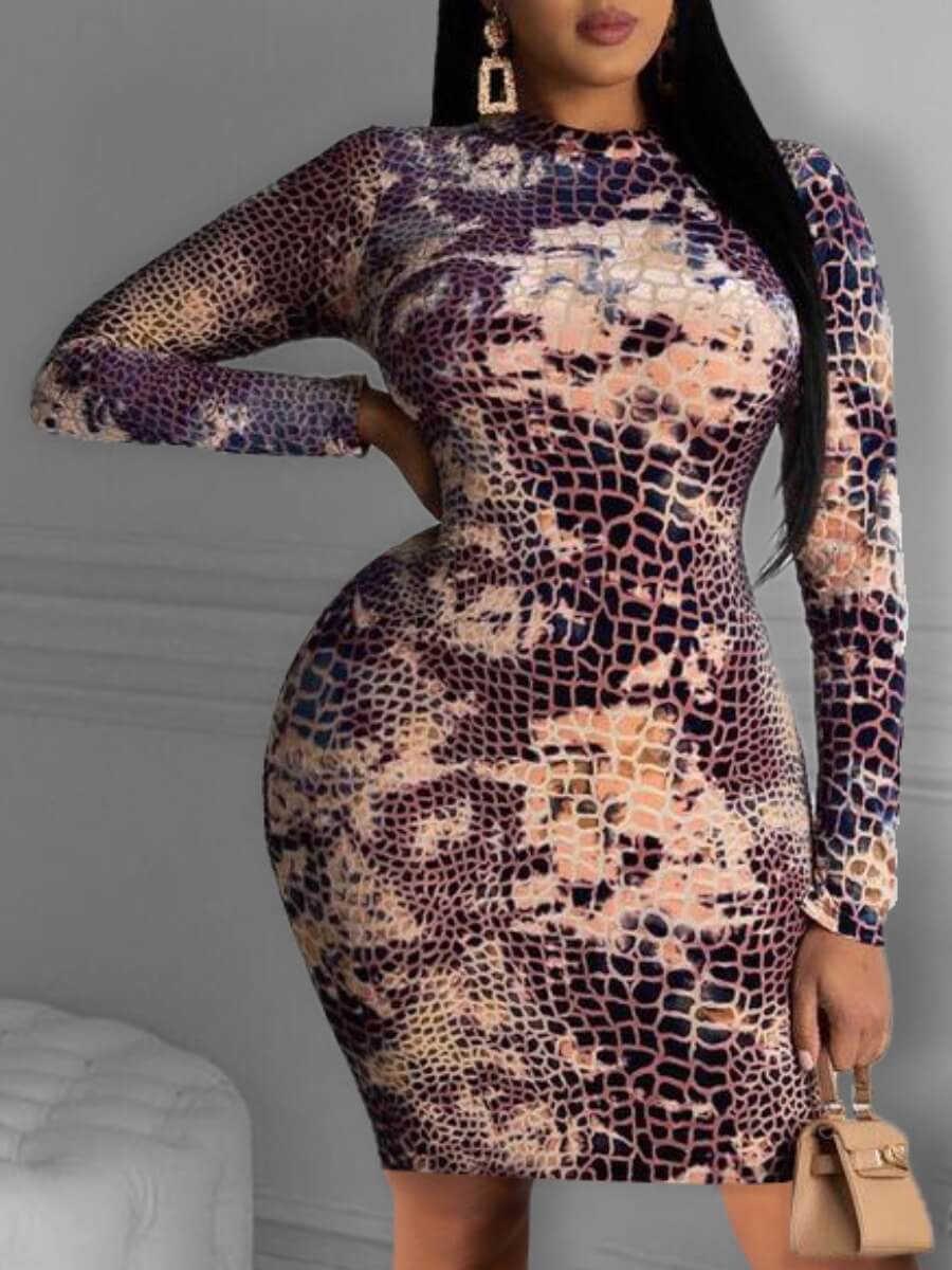 

Lovely Chic Cobra Print Patchwork Blue Knee Length Dress