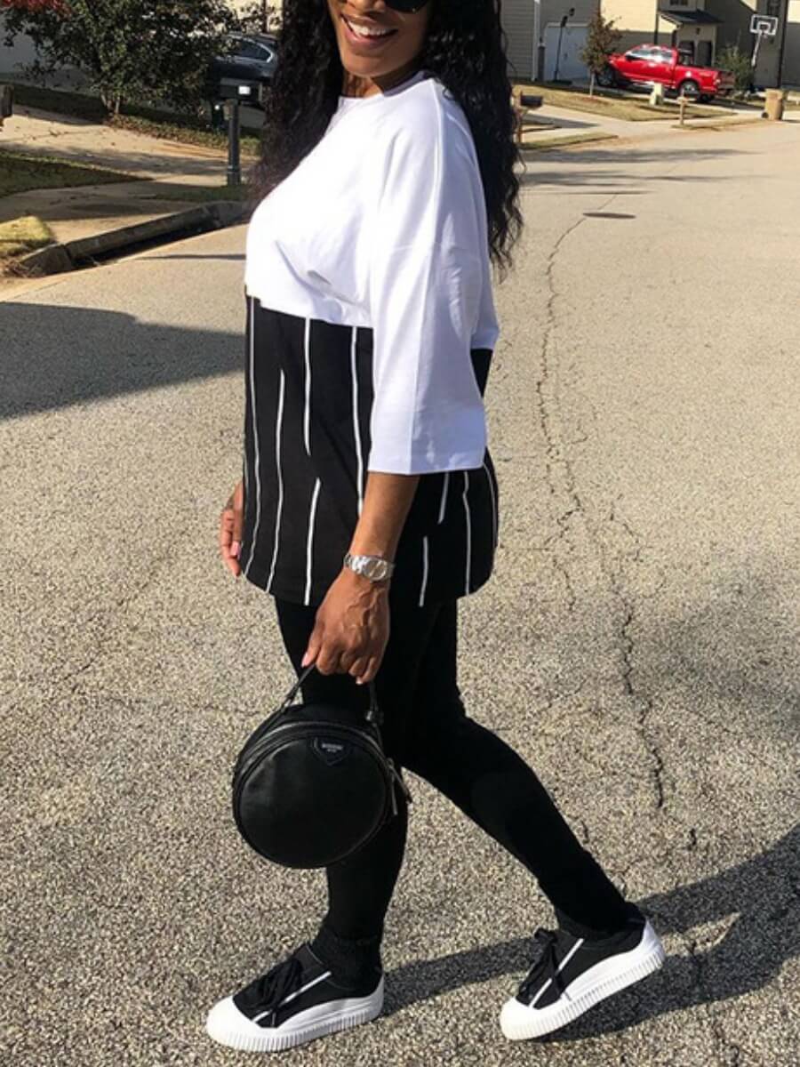 

Lovely Casual O Neck Patchwork Black Two Piece Pants Set