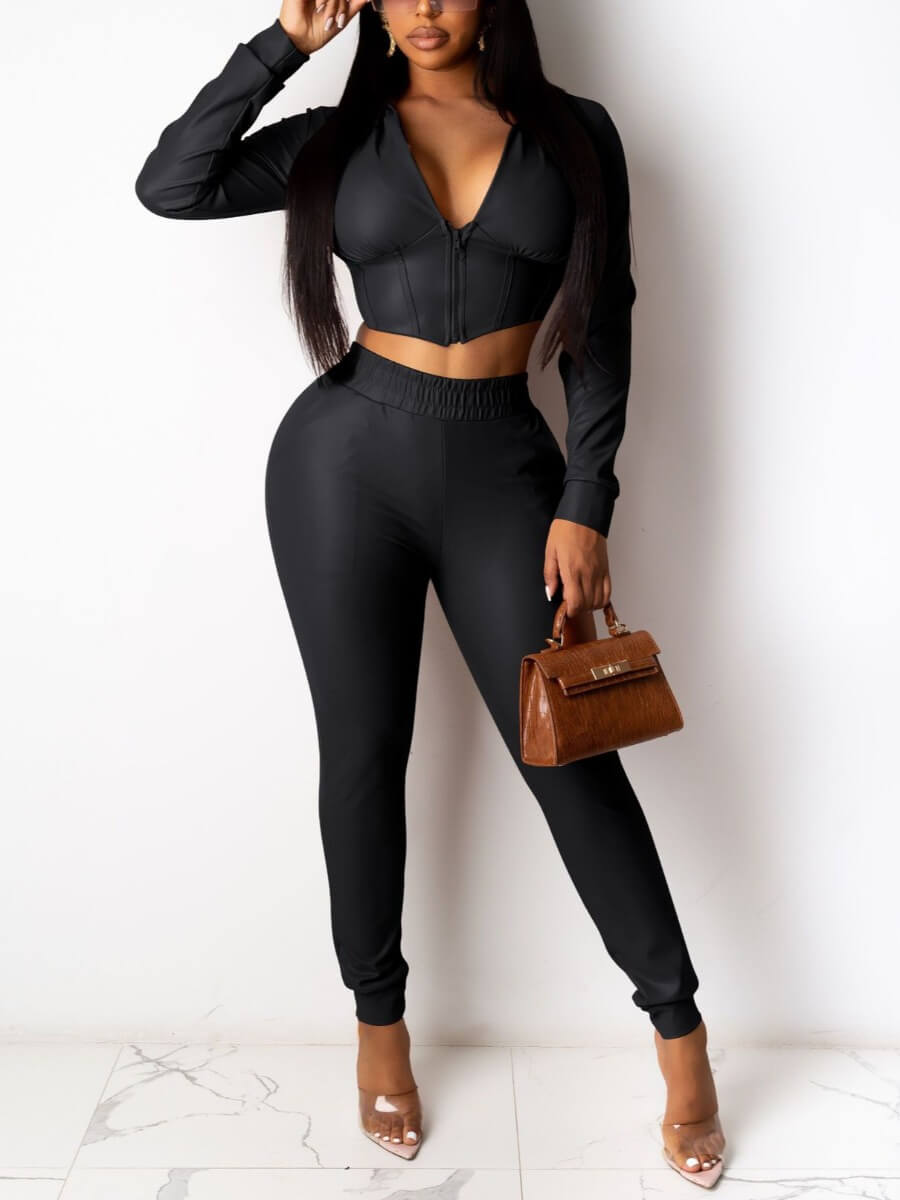 

Lovely Street Hooded Collar Fold Design Black Two Piece Pants Set