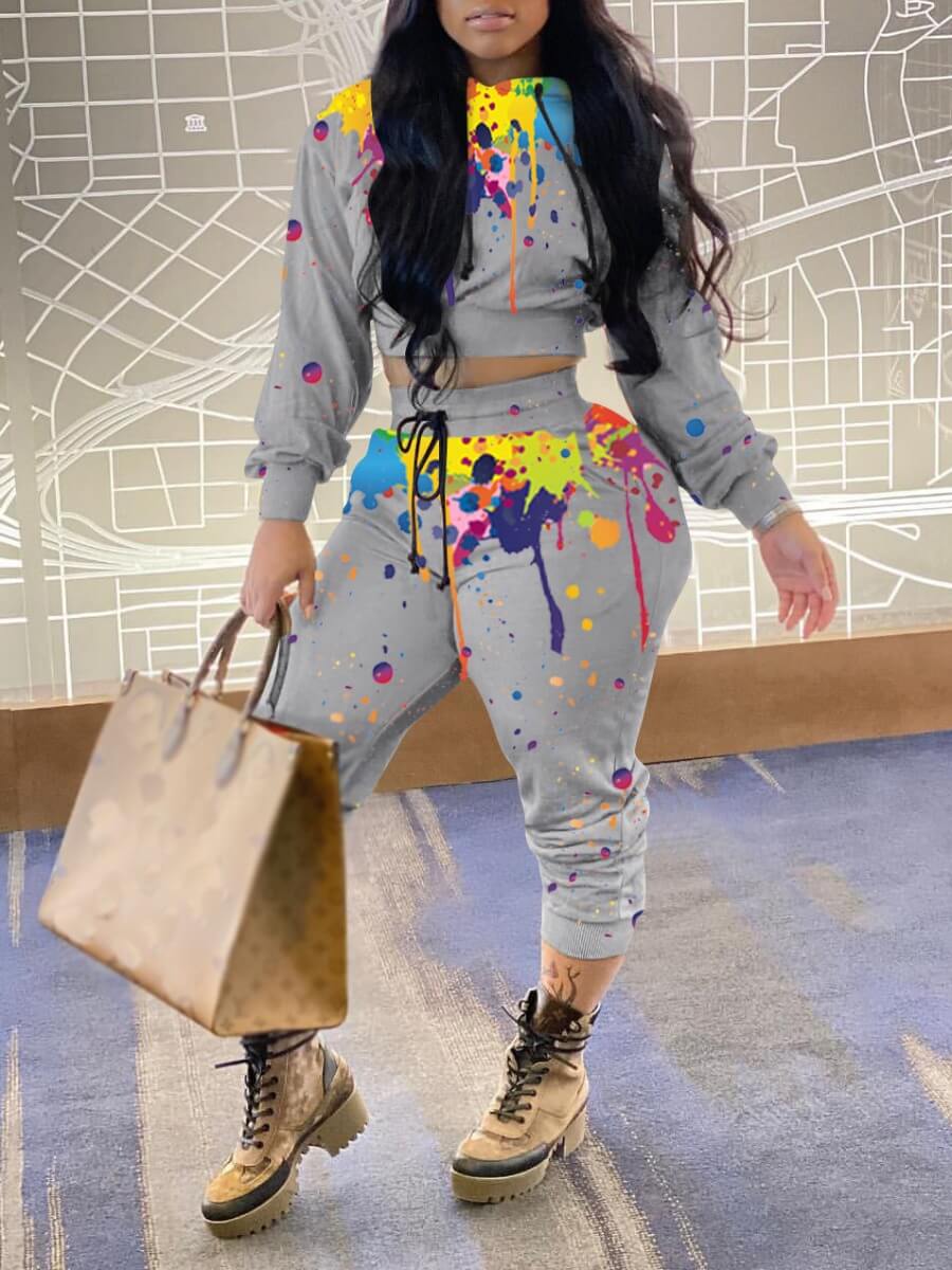 

Lovely Casual Hooded Collar Tie Dye Grey Two Piece Pants Set