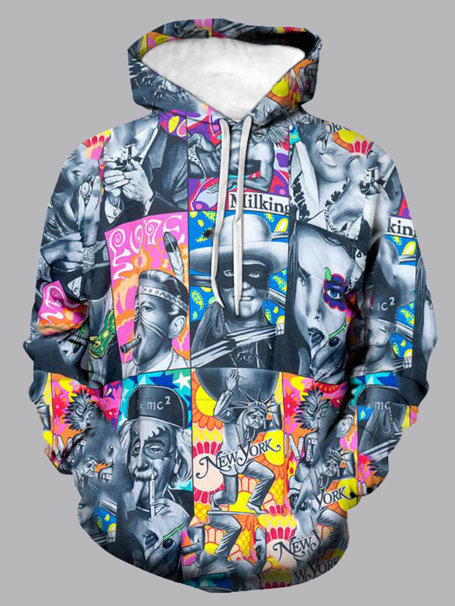 

Lovely Street Graffiti Print Patchwork Multicolor Men Hoodie, Multi