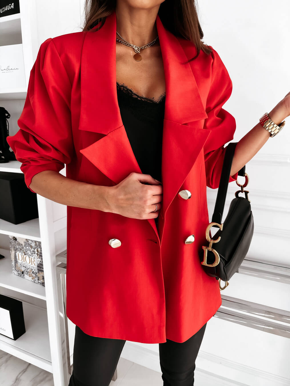 

Lovely Formal Turndown Collar Button Design Loose Red Blazer