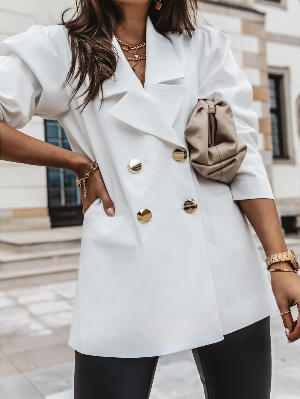 

Lovely Formal Turndown Collar Button Design Loose White Blazer