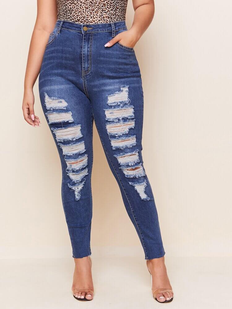 

Lovely Casual High-waisted Broken Holes Deep Blue Plus Size Jeans