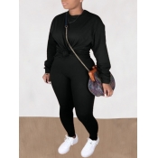 LW Casual O Neck Basic Skinny Black Two Piece Pant