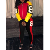 Lovely Sportswear Turndown Collar Patchwork Red Tw