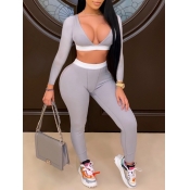 Lovely Sexy V Neck Patchwork Grey Two Piece Pants 