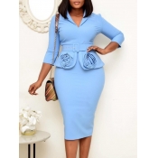 Lovely Trendy False Two Piece Design Blue Knee Len