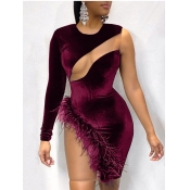 Lovely Sexy One Shoulder Patchwork Wine Red Mini D