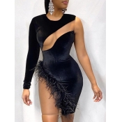 Lovely Sexy One Shoulder Patchwork Black Mini Dres