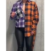 Lovely Trendy Turndown Collar Grid Print Patchwork