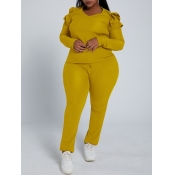 Lovely Trendy V Neck Flounce Design Yellow Plus Si