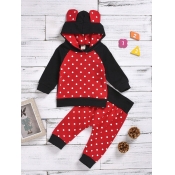 Lovely Sweet Hooded Collar Dot Print Patchwork Red